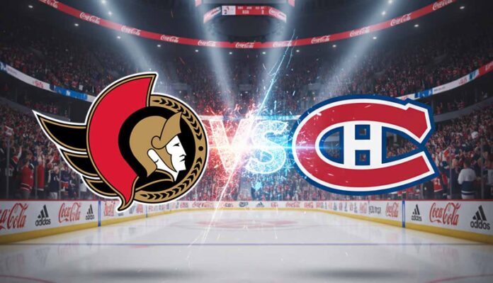 Action shot of the Ottawa Senators and Montreal Canadiens facing off on the ice, with the Bell Centre crowd in the background.