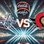 An exciting visual representation of an NHL game night, featuring the Ottawa Senators logo clashing against the Washington Capitals logo with a bold 'VS' in the middle, all set against the backdrop of the illuminated Capital One Arena interior, complete with Coca-Cola branding on the rink boards.