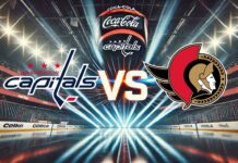 An exciting visual representation of an NHL game night, featuring the Ottawa Senators logo clashing against the Washington Capitals logo with a bold 'VS' in the middle, all set against the backdrop of the illuminated Capital One Arena interior, complete with Coca-Cola branding on the rink boards.
