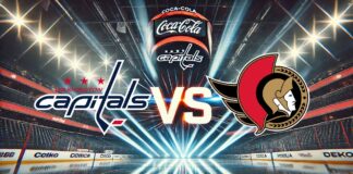An exciting visual representation of an NHL game night, featuring the Ottawa Senators logo clashing against the Washington Capitals logo with a bold 'VS' in the middle, all set against the backdrop of the illuminated Capital One Arena interior, complete with Coca-Cola branding on the rink boards.