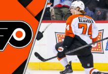 Philadelphia Flyers forward Owen Tippett celebtrate a goal during an NHL game, with NHL trade rumors swirling around his future with the team.