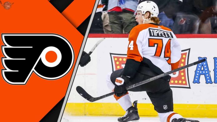 owen-tippett-philadelphia-flyers-nhl-trade-rumors Philadelphia Flyers forward Owen Tippett celebtrate a goal during an NHL game, with NHL trade rumors swirling around his future with the team.