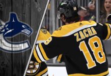 Boston Bruins center Pavel Zacha celebrates a goal during an NHL game, amid NHL trade rumors involving the Vancouver Canucks.