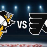 Stylized Pittsburgh Penguins and Philadelphia Flyers logos facing off with ‘VS’ in the center, set against Flyers home arena ice with spotlights and Coca-Cola branding on the boards.