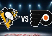 Stylized Pittsburgh Penguins and Philadelphia Flyers logos facing off with ‘VS’ in the center, set against Flyers home arena ice with spotlights and Coca-Cola branding on the boards.