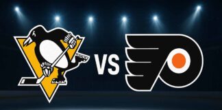 Stylized Pittsburgh Penguins and Philadelphia Flyers logos facing off with ‘VS’ in the center, set against Flyers home arena ice with spotlights and Coca-Cola branding on the boards.