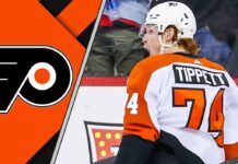 Philadelphia Flyers winger Owen Tippett skates down the ice in his orange and black jersey, looking to make a play.