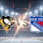 How to Watch Pittsburgh Penguins vs. New York Rangers: NHL Season Opener TV Guide (Oct. 7, 2025) An image showing the Pittsburgh Penguins logo and the New York Rangers logo colliding with a "VS" in the middle, set against the backdrop of an ice hockey arena with bright spotlights.