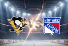 An image showing the Pittsburgh Penguins logo and the New York Rangers logo colliding with a "VS" in the middle, set against the backdrop of an ice hockey arena with bright spotlights.