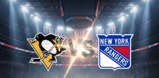 An image showing the Pittsburgh Penguins logo and the New York Rangers logo colliding with a "VS" in the middle, set against the backdrop of an ice hockey arena with bright spotlights.