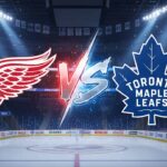 “Detroit Red Wings vs Toronto Maple Leafs logos clash at Scotiabank Arena with spotlight background