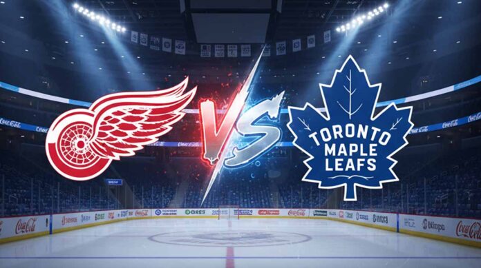 “Detroit Red Wings vs Toronto Maple Leafs logos clash at Scotiabank Arena with spotlight background