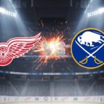 Red Wings vs Sabres: TV Info, Prediction & Why Detroit Could Dominate A stylized matchup graphic showing the Detroit Red Wings and Buffalo Sabres logos colliding, with "VS" in between, set against the backdrop of the Sabres' home hockey arena with bright spotlights.