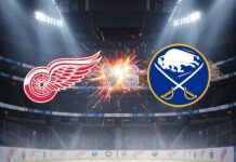 A stylized matchup graphic showing the Detroit Red Wings and Buffalo Sabres logos colliding, with "VS" in between, set against the backdrop of the Sabres' home hockey arena with bright spotlights.