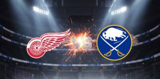 A stylized matchup graphic showing the Detroit Red Wings and Buffalo Sabres logos colliding, with "VS" in between, set against the backdrop of the Sabres' home hockey arena with bright spotlights.