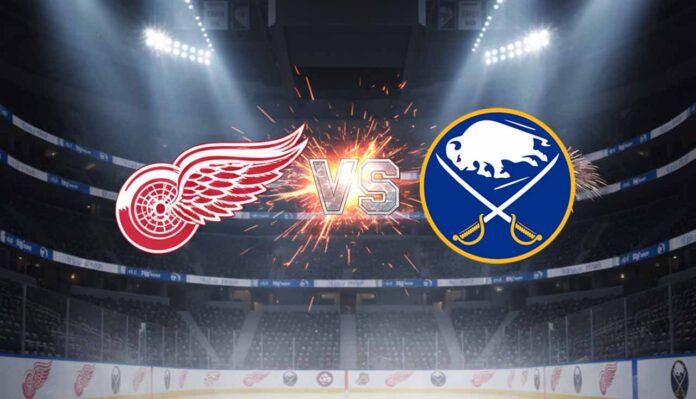 A stylized matchup graphic showing the Detroit Red Wings and Buffalo Sabres logos colliding, with "VS" in between, set against the backdrop of the Sabres' home hockey arena with bright spotlights.