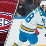 Montreal Canadiens logo on left side of a photo of center Robert Thomas, signifying a potential NHL trade rumor.