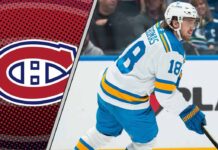 Montreal Canadiens logo on left side of a photo of center Robert Thomas, signifying a potential NHL trade rumor.