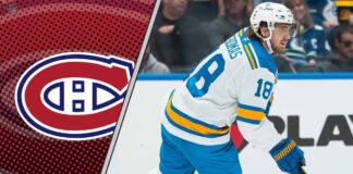 Analyzing the Blockbuster Rumor: Robert Thomas to the Montreal Canadiens? Montreal Canadiens logo on left side of a photo of center Robert Thomas, signifying a potential NHL trade rumor.