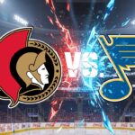 Image showing the Ottawa Senators logo and the St. Louis Blues logo colliding, with "VS" in the middle, over a background of the Enterprise Center ice rink with Coca-Cola decals on the boards.