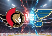 Image showing the Ottawa Senators logo and the St. Louis Blues logo colliding, with "VS" in the middle, over a background of the Enterprise Center ice rink with Coca-Cola decals on the boards.