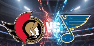 Image showing the Ottawa Senators logo and the St. Louis Blues logo colliding, with "VS" in the middle, over a background of the Enterprise Center ice rink with Coca-Cola decals on the boards.