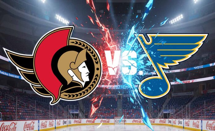 Image showing the Ottawa Senators logo and the St. Louis Blues logo colliding, with "VS" in the middle, over a background of the Enterprise Center ice rink with Coca-Cola decals on the boards.