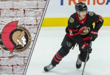 Ottawa Senators forward Shane Pinto skating with the puck during an NHL game, illustrating his strong negotiating position in his contract talks.