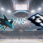 How to Watch San Jose Sharks at Utah Mammoth – TV, Streaming & Game Preview The San Jose Sharks and Utah Mammoth logos colliding over a hockey rink with 'VS' in the middle.