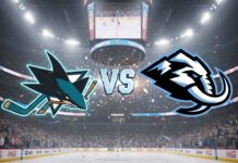 The San Jose Sharks and Utah Mammoth logos colliding over a hockey rink with 'VS' in the middle.