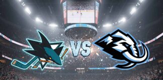 The San Jose Sharks and Utah Mammoth logos colliding over a hockey rink with 'VS' in the middle.
