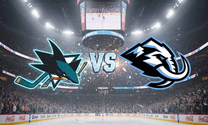 The San Jose Sharks and Utah Mammoth logos colliding over a hockey rink with 'VS' in the middle.
