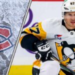 The Unthinkable Trade: Could Sidney Crosby Really Become a Canadien? Sidney Crosby in his Pittsburgh Penguins jersey, looking focused during a game, with the Montreal Canadiens logo in the background.