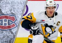 Sidney Crosby in his Pittsburgh Penguins jersey, looking focused during a game, with the Montreal Canadiens logo in the background.