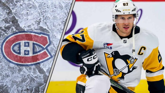 Sidney Crosby in his Pittsburgh Penguins jersey, looking focused during a game, with the Montreal Canadiens logo in the background.