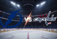 Tampa Bay Lightning and Washington Capitals logos colliding over Capital One Arena backdrop