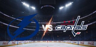 Tampa Bay Lightning and Washington Capitals logos colliding over Capital One Arena backdrop