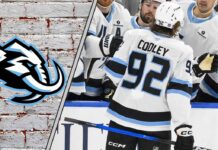 Utah Mammoth star Logan Cooley celebrates a goal, focused on the play after signing his $80 million contract extension