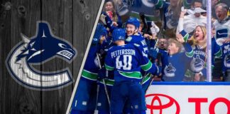 Vancouver Canucks logo on the left, players to the right, highlighting the team's current state of decision-making.