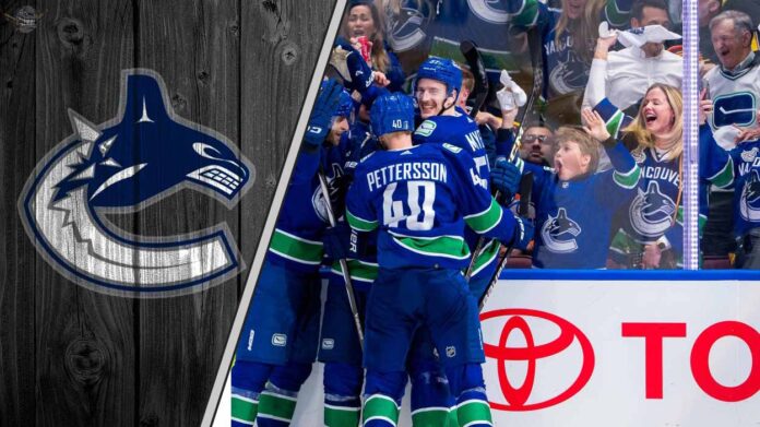 Vancouver Canucks logo on the left, players to the right, highlighting the team's current state of decision-making.