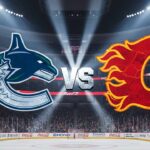 The Vancouver Canucks and Calgary Flames logos collide in a stylized manner, with a prominent 'Vs' between them. The background depicts the interior of the Flames' home arena, complete with bright spotlights illuminating the logos.