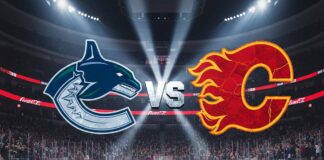 The Vancouver Canucks and Calgary Flames logos collide in a stylized manner, with a prominent 'Vs' between them. The background depicts the interior of the Flames' home arena, complete with bright spotlights illuminating the logos.