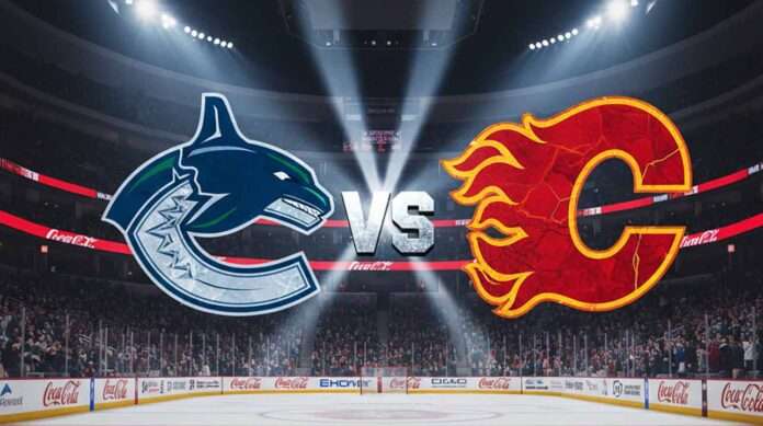 The Vancouver Canucks and Calgary Flames logos collide in a stylized manner, with a prominent 'Vs' between them. The background depicts the interior of the Flames' home arena, complete with bright spotlights illuminating the logos.