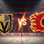 The logos for the Vegas Golden Knights and Calgary Flames hockey teams clashing above an ice rink, with 'VS' in fiery letters between them. The scene is set in a dark arena lit by spotlights.
