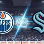 Edmonton Oilers logo and Seattle Kraken logo colliding with Vs in spotlight at arena background