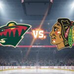 Minnesota Wild logo colliding with Chicago Blackhawks logo over arena background