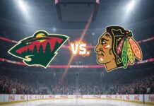 Minnesota Wild logo colliding with Chicago Blackhawks logo over arena background