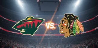 Minnesota Wild logo colliding with Chicago Blackhawks logo over arena background