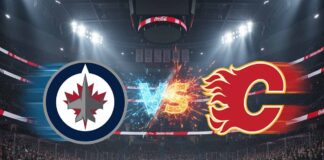 The Winnipeg Jets and Calgary Flames logos on a split-screen with a hockey puck in the middle.
