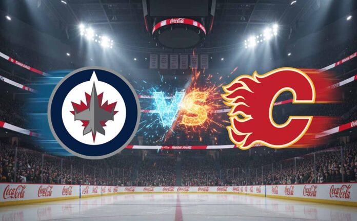 winnipeg-jets-calgary-flames-game-preview The Winnipeg Jets and Calgary Flames logos on a split-screen with a hockey puck in the middle.